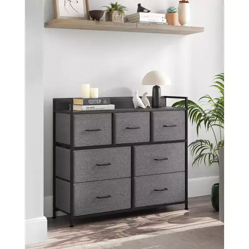 SONGMICS Dresser for Bedroom, Chest, Clothes Organizer Storage Unit 7 Fabric Drawers with Handles, 11.8D x 31.5W x 28H, Gray
