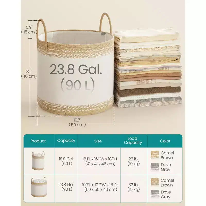 Panier à linge marron camel / gris colombe avec couvercle et poignées, 90 L, pour 1 à 2 personnes