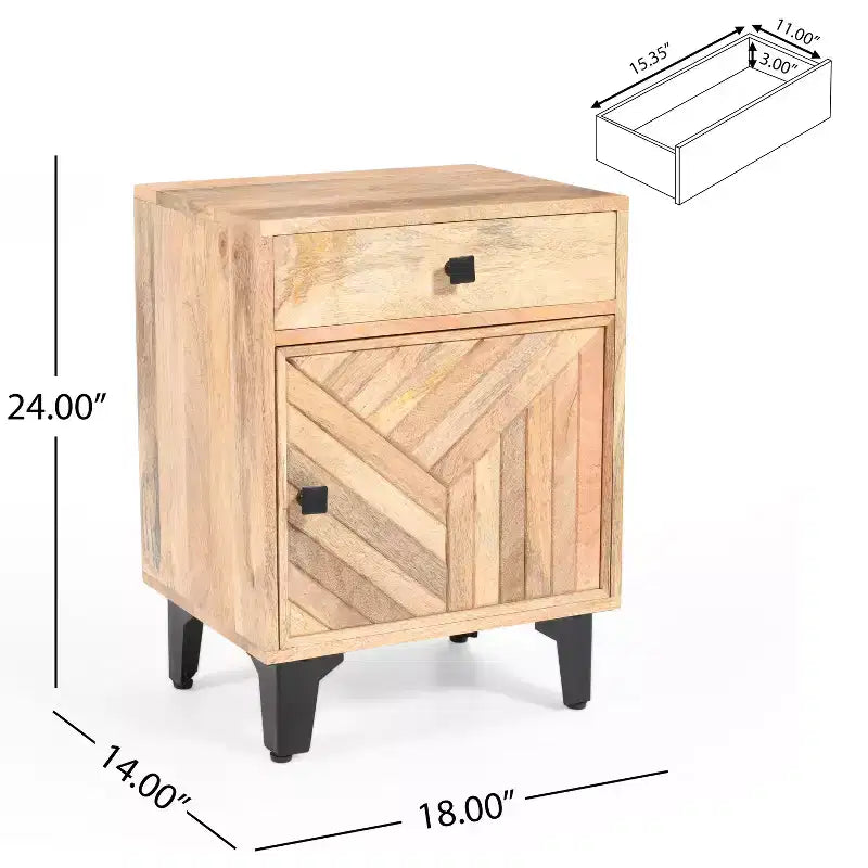 Table de chevet simple en bois de manguier à chevrons marron avec tiroir