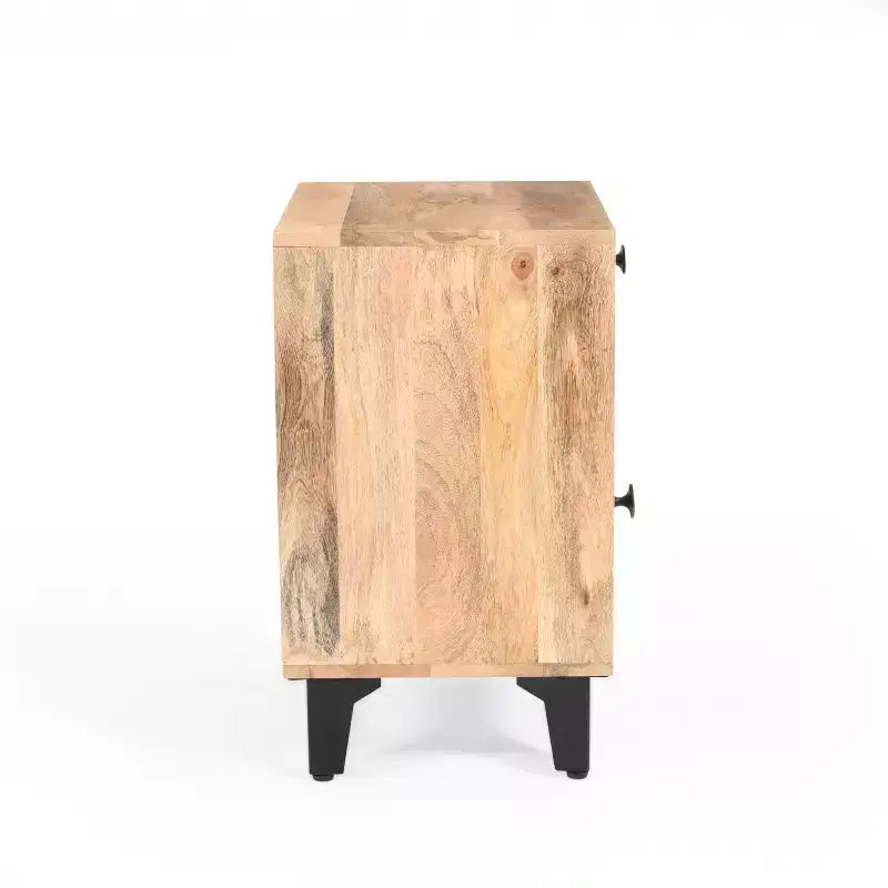 Table de chevet simple en bois de manguier à chevrons marron avec tiroir