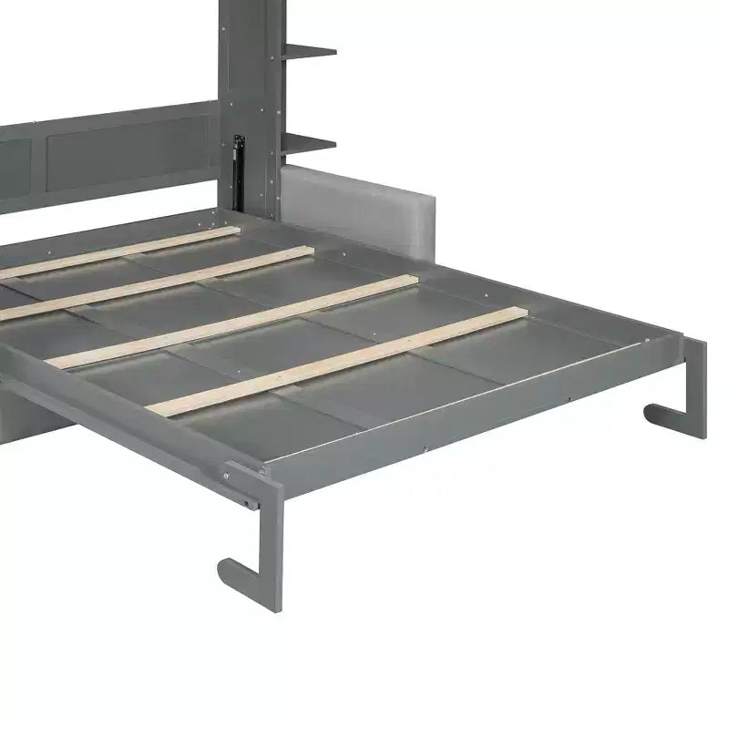 Lit escamotable Queen gris/blanc avec canapé et étagères, 2 couchages