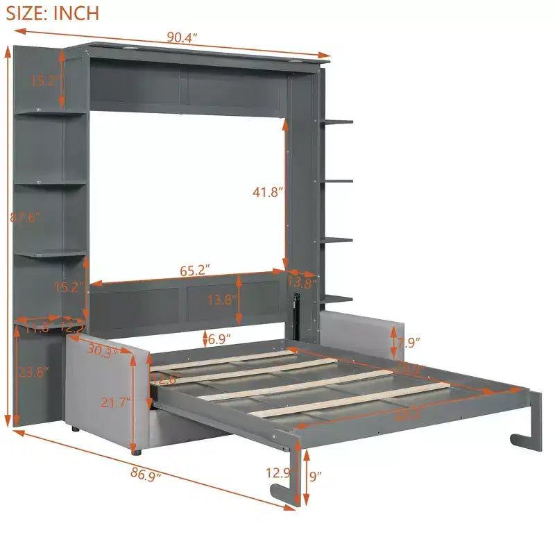 Lit escamotable Queen gris/blanc avec canapé et étagères, 2 couchages