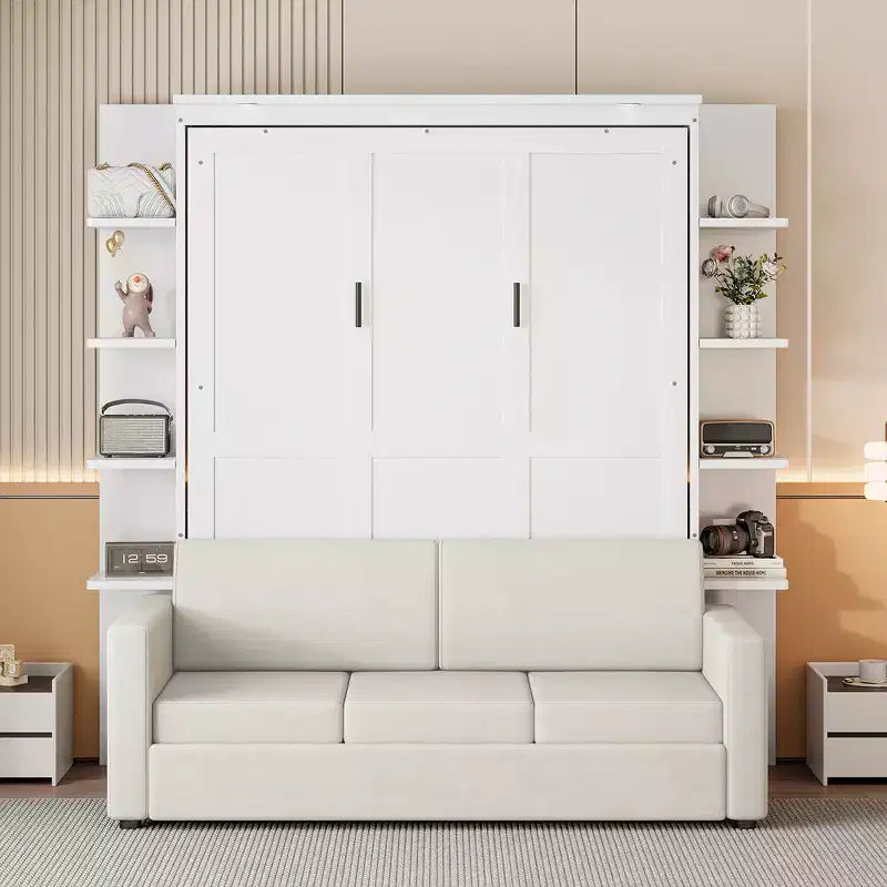 Lit escamotable Queen gris/blanc avec canapé et étagères, 2 couchages