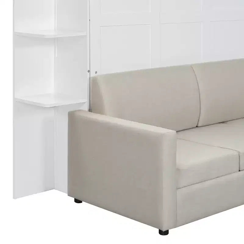 Lit escamotable Queen gris/blanc avec canapé et étagères, 2 couchages