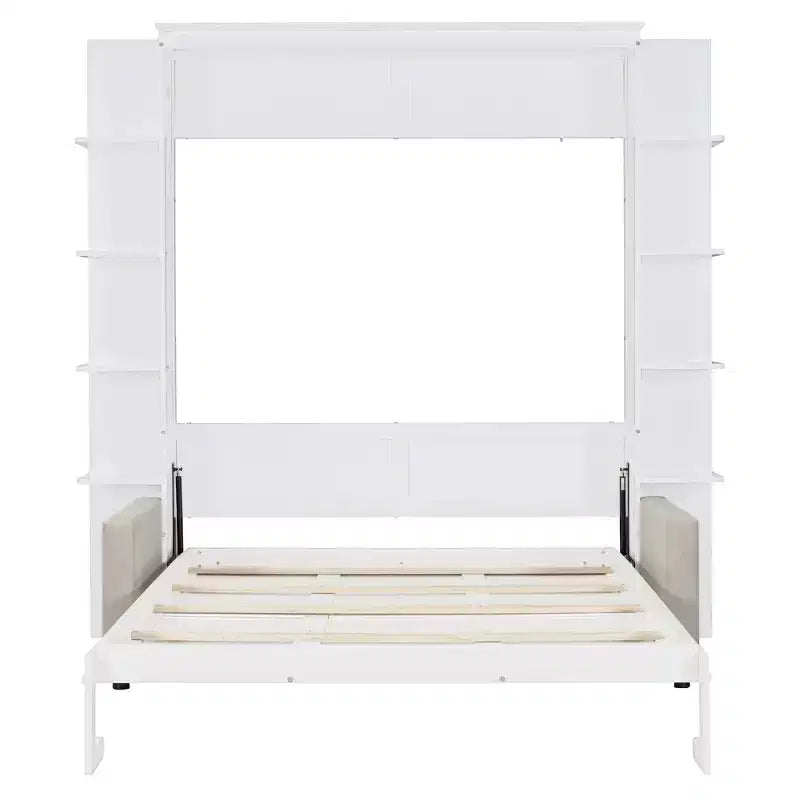 Lit escamotable Queen gris/blanc avec canapé et étagères, 2 couchages
