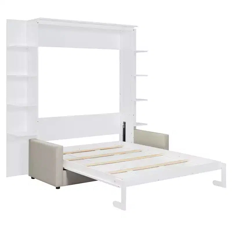 Lit escamotable Queen gris/blanc avec canapé et étagères, 2 couchages