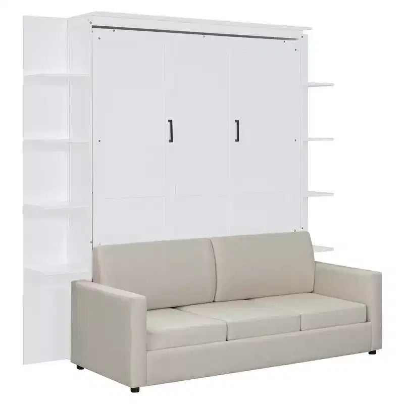 Lit escamotable Queen gris/blanc avec canapé et étagères, 2 couchages