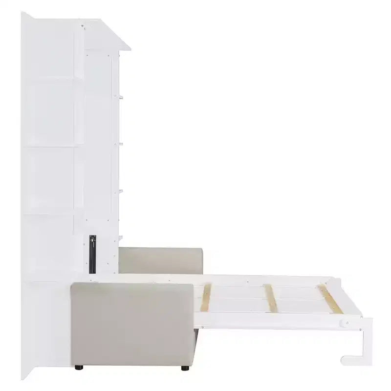 Lit escamotable Queen gris/blanc avec canapé et étagères, 2 couchages