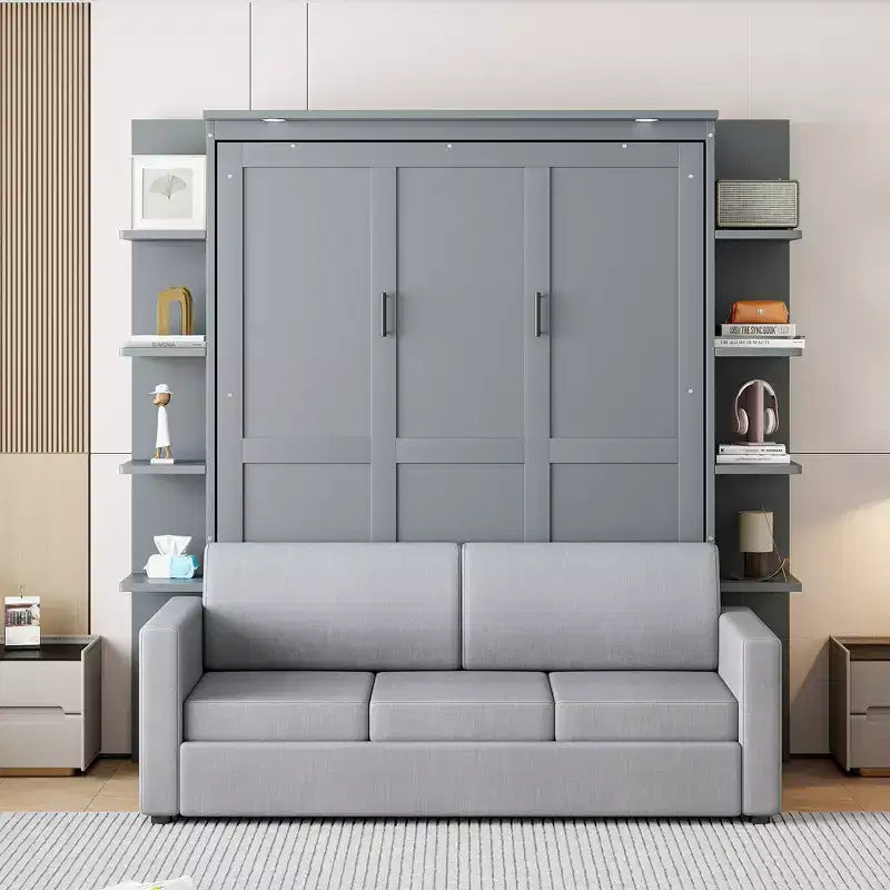 Lit escamotable Queen gris/blanc avec canapé et étagères, 2 couchages