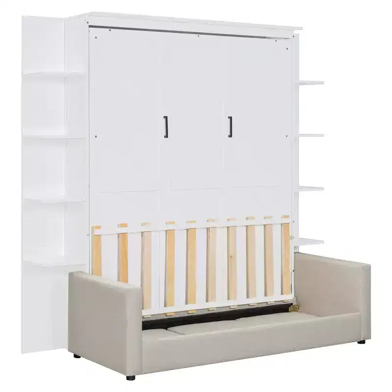 Lit escamotable Queen gris/blanc avec canapé et étagères, 2 couchages