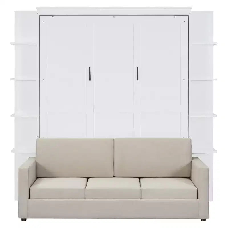 Lit escamotable Queen gris/blanc avec canapé et étagères, 2 couchages