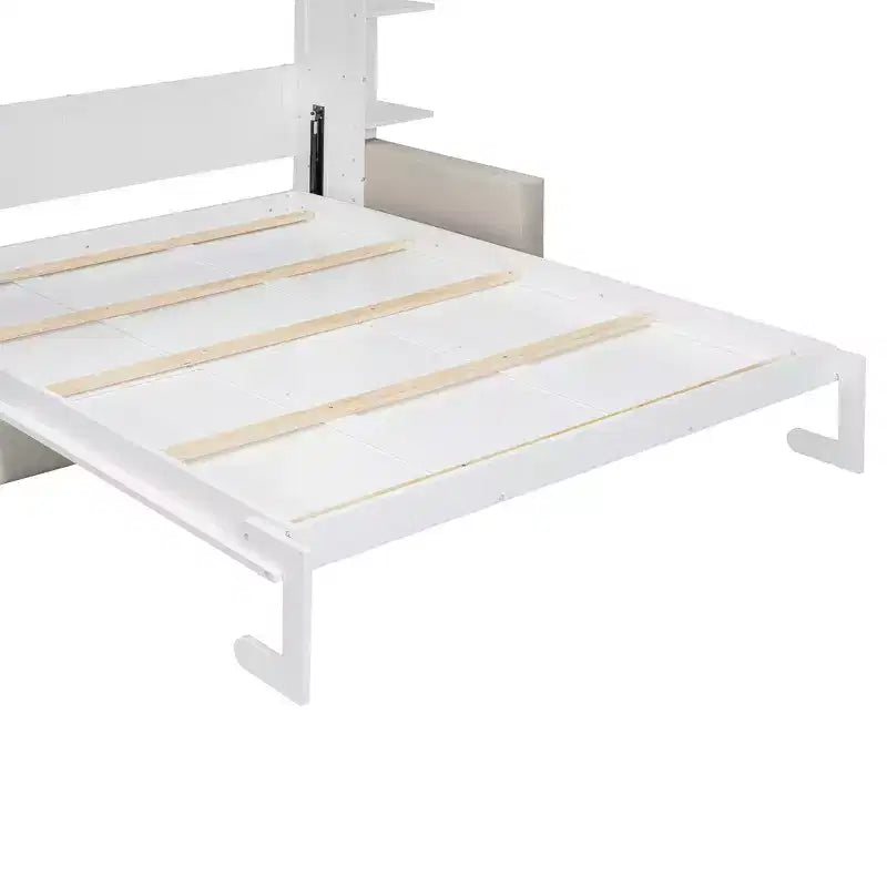 Lit escamotable Queen gris/blanc avec canapé et étagères, 2 couchages