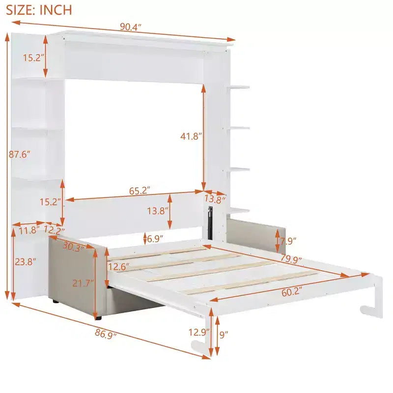 Lit escamotable Queen gris/blanc avec canapé et étagères, 2 couchages