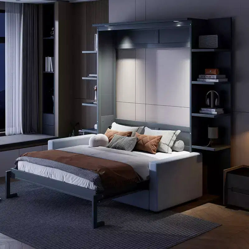 Lit escamotable Queen gris/blanc avec canapé et étagères, 2 couchages