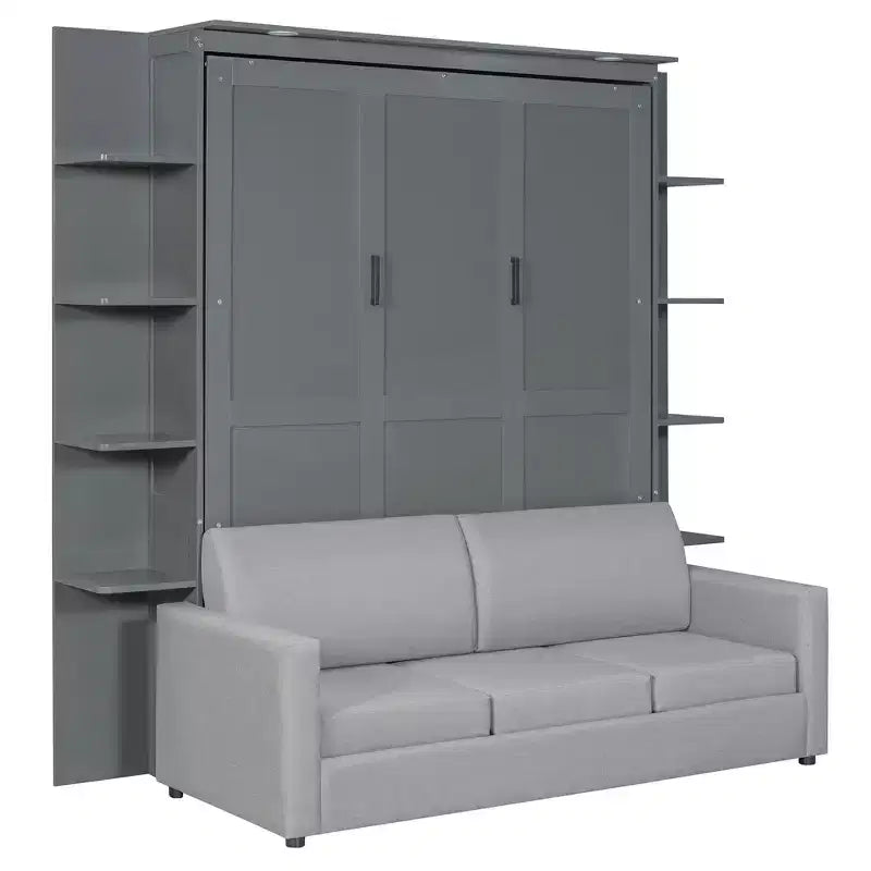 Lit escamotable Queen gris/blanc avec canapé et étagères, 2 couchages