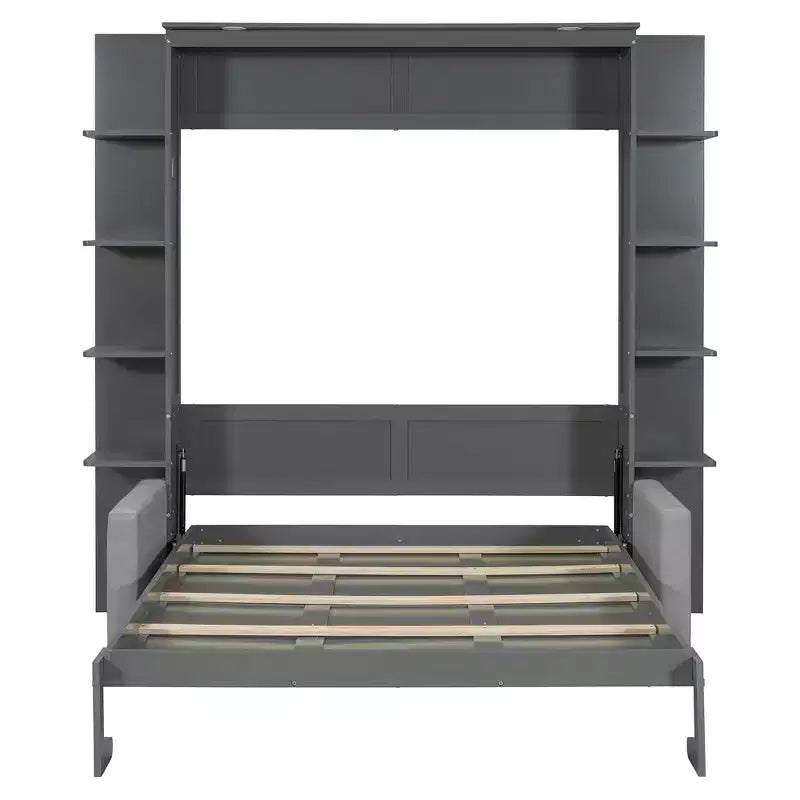 Lit escamotable Queen gris/blanc avec canapé et étagères, 2 couchages