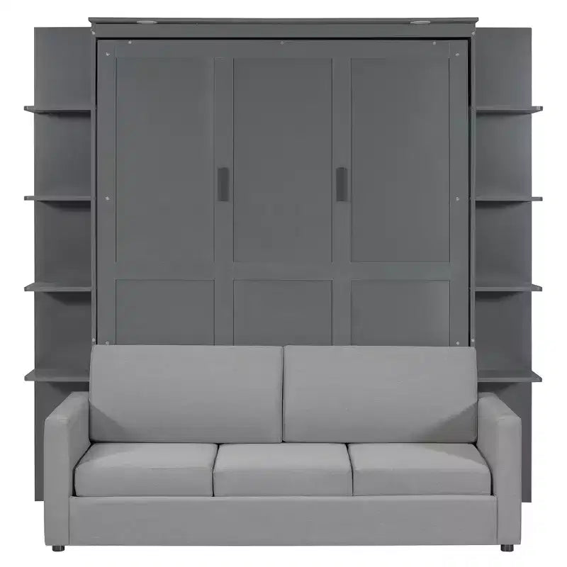 Lit escamotable Queen gris/blanc avec canapé et étagères, 2 couchages