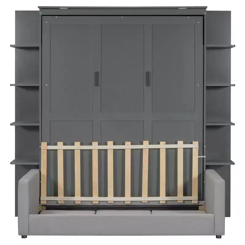 Lit escamotable Queen gris/blanc avec canapé et étagères, 2 couchages