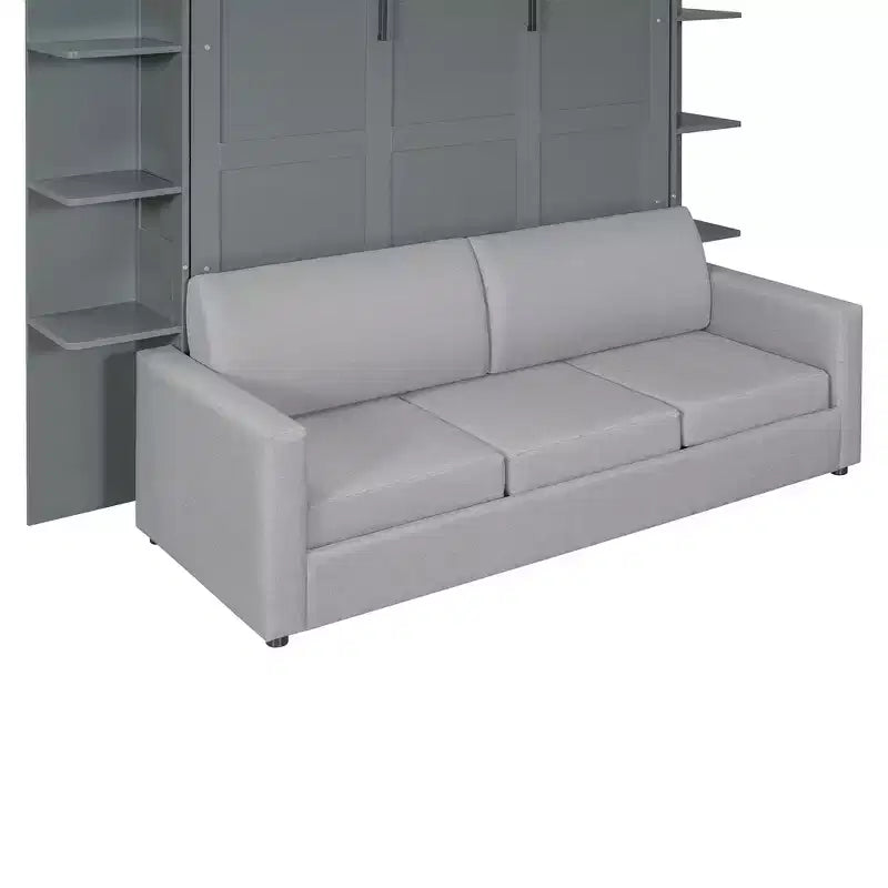 Lit escamotable Queen gris/blanc avec canapé et étagères, 2 couchages