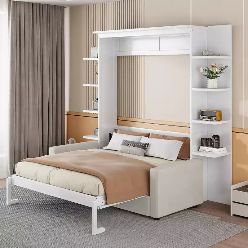 Lit escamotable Queen gris/blanc avec canapé et étagères, 2 couchages