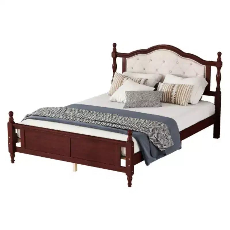 Lit double Queen en pin naturel avec tête de lit capitonnée, pour 1 ou 2 personnes