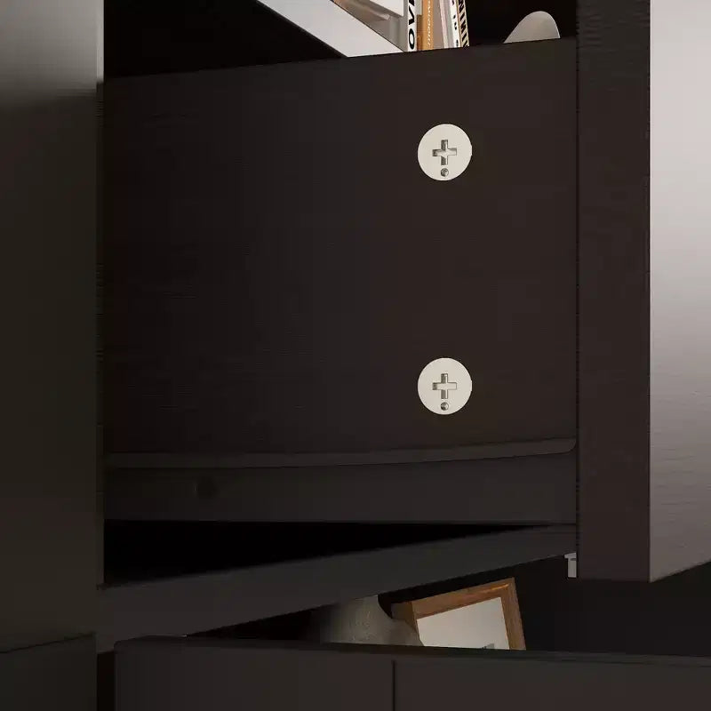 Bibliothèque moderne noire avec portes vitrées et 2 tiroirs – Meuble de rangement à 3 étagères
