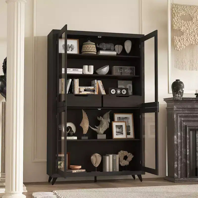 Bibliothèque moderne noire avec portes vitrées et 2 tiroirs – Meuble de rangement à 3 étagères