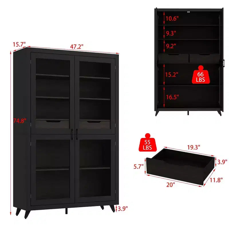 Bibliothèque moderne noire avec portes vitrées et 2 tiroirs – Meuble de rangement à 3 étagères