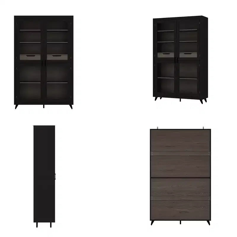 Bibliothèque moderne noire avec portes vitrées et 2 tiroirs – Meuble de rangement à 3 étagères