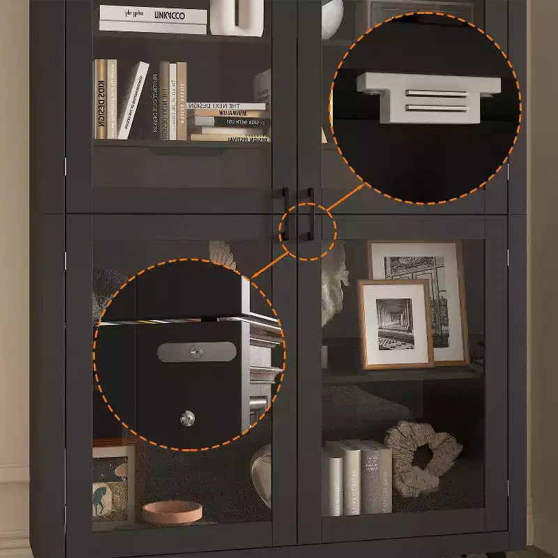 Bibliothèque moderne noire avec portes vitrées et 2 tiroirs – Meuble de rangement à 3 étagères