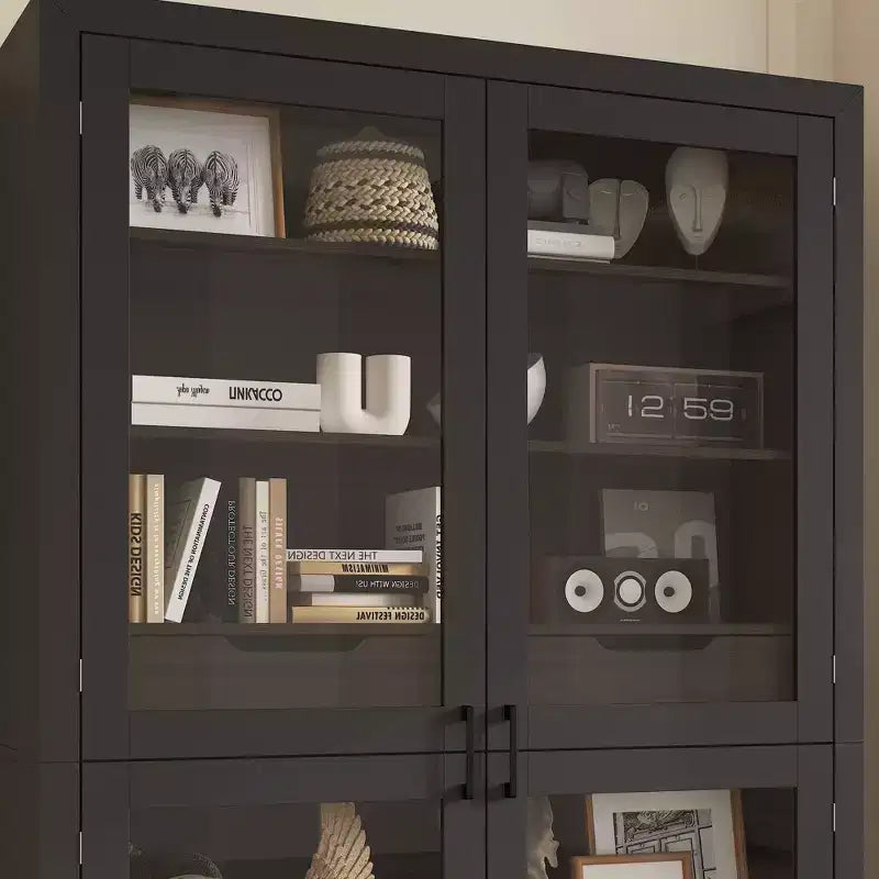 Bibliothèque moderne noire avec portes vitrées et 2 tiroirs – Meuble de rangement à 3 étagères