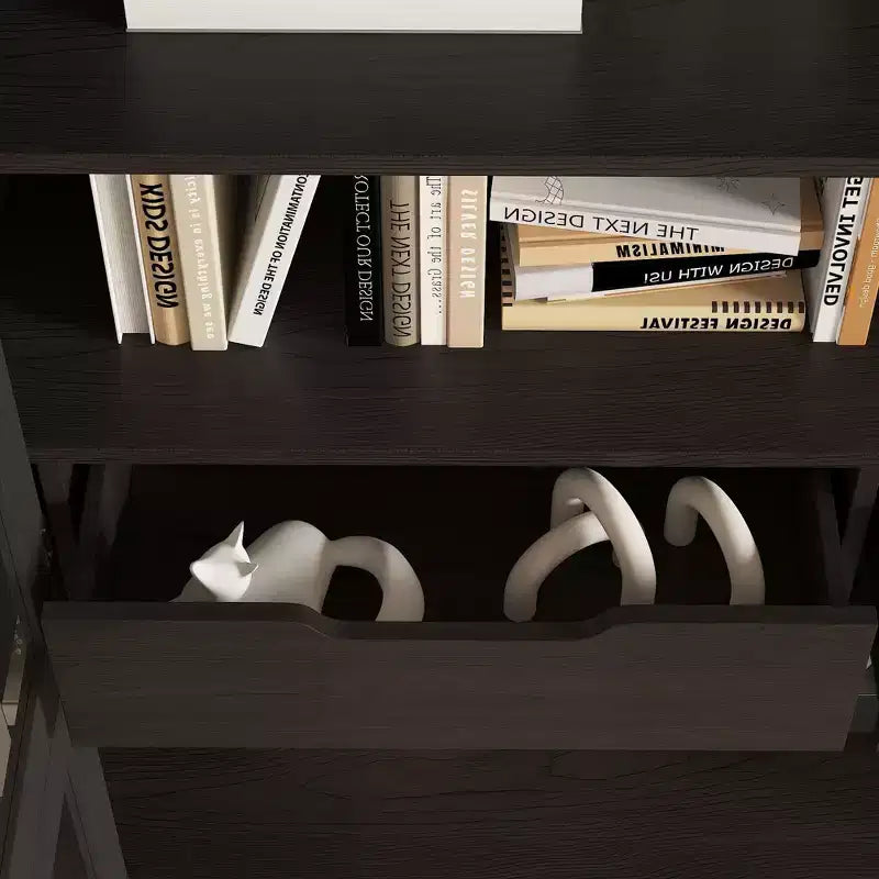 Bibliothèque moderne noire avec portes vitrées et 2 tiroirs – Meuble de rangement à 3 étagères