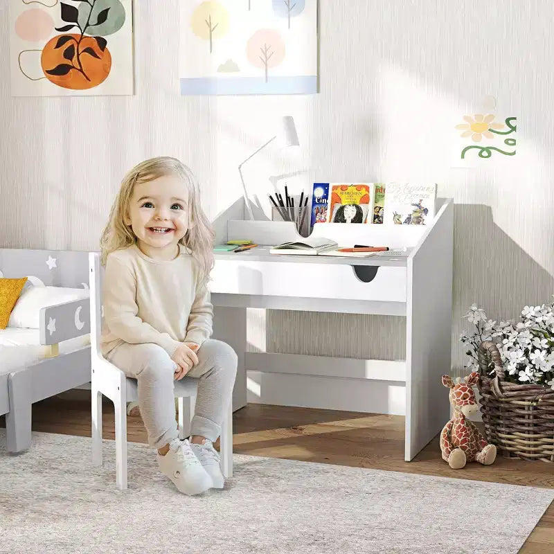 Bureau d'activités pour enfants gris / rose avec tiroir de rangement, un siège