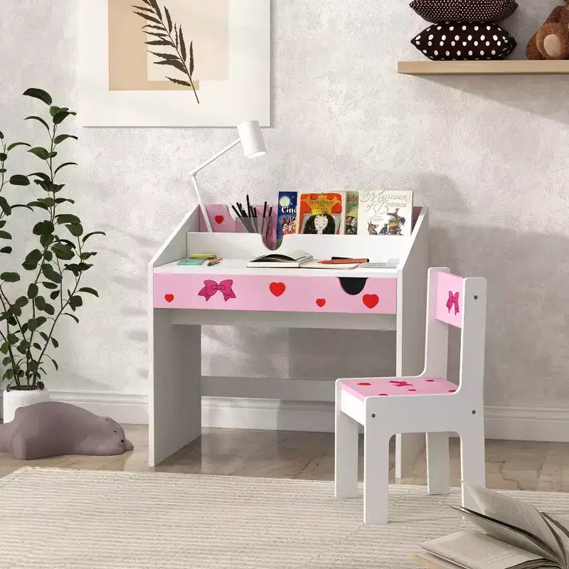 Bureau d'activités pour enfants gris / rose avec tiroir de rangement, un siège