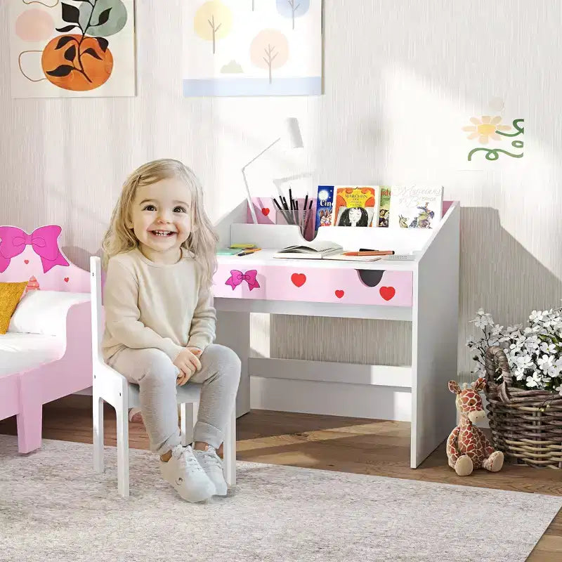 Bureau d'activités pour enfants gris / rose avec tiroir de rangement, un siège