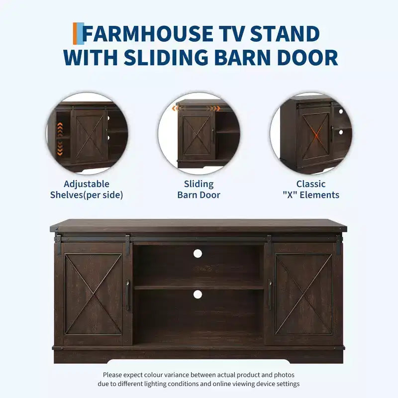 Meuble TV de ferme marron pour téléviseurs de 65 pouces avec portes coulissantes façon grange