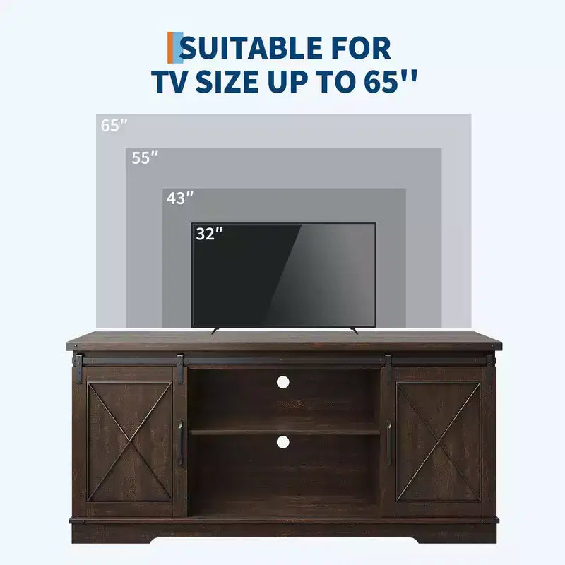 Meuble TV de ferme marron pour téléviseurs de 65 pouces avec portes coulissantes façon grange
