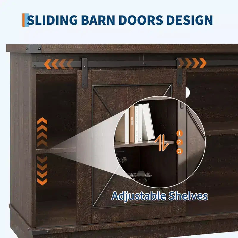 Meuble TV de ferme marron pour téléviseurs de 65 pouces avec portes coulissantes façon grange