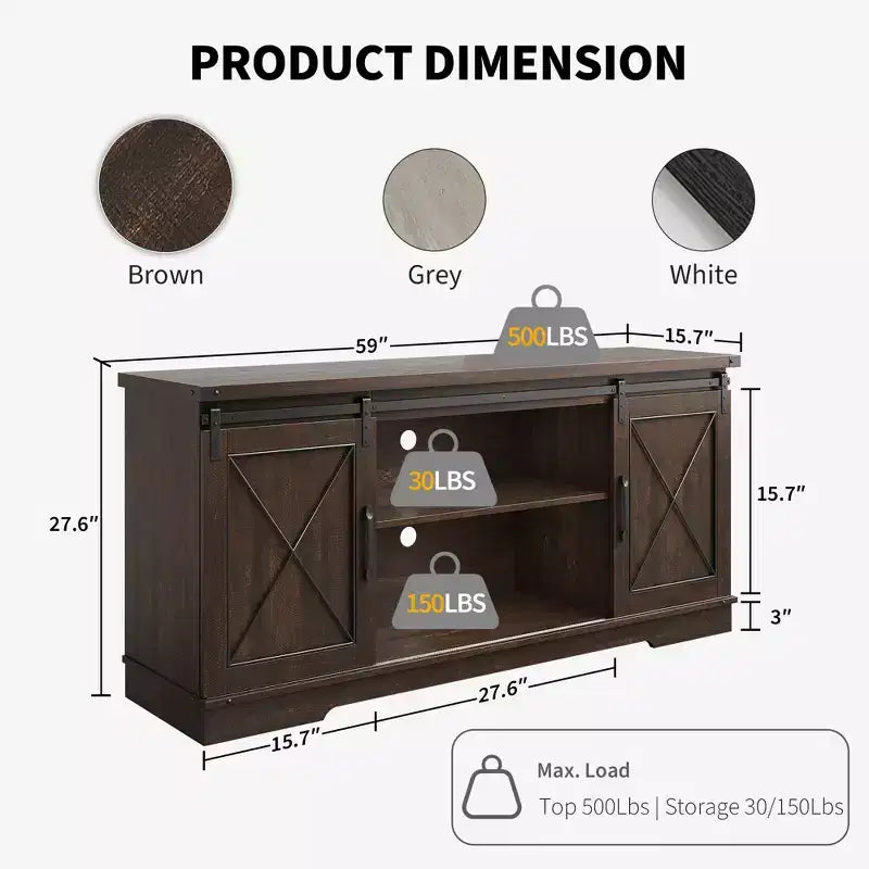 Meuble TV de ferme marron pour téléviseurs de 65 pouces avec portes coulissantes façon grange