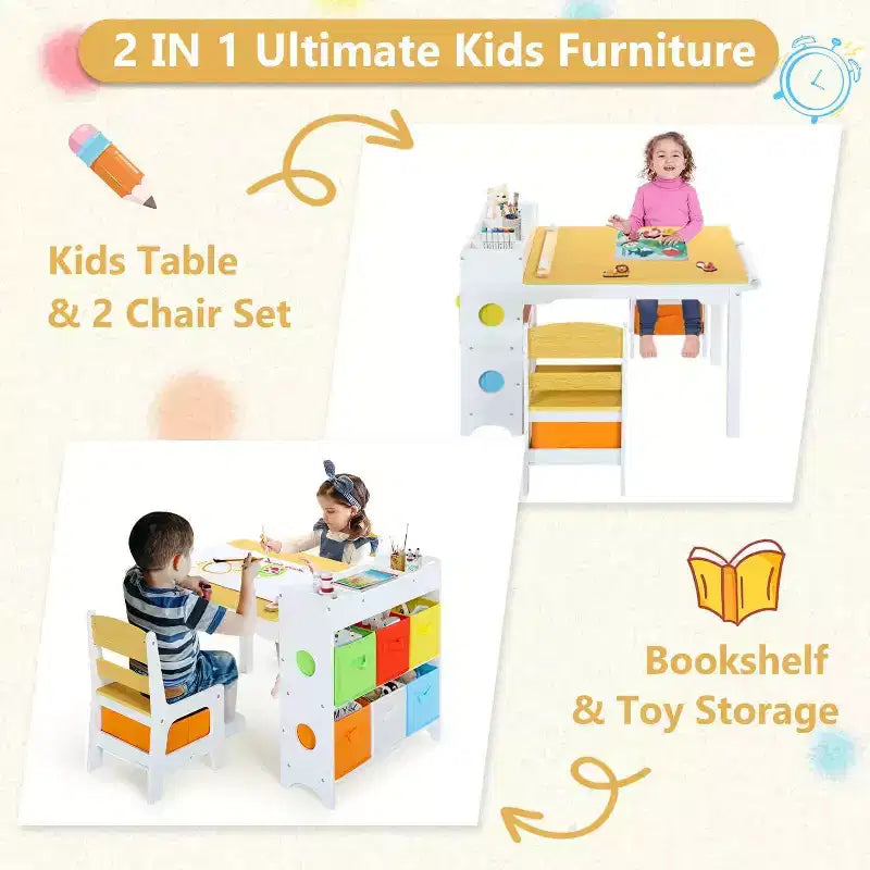 Gris / Naturel, Ensemble Table d'activité rectangulaire et 2 chaises, pour 2 enfants