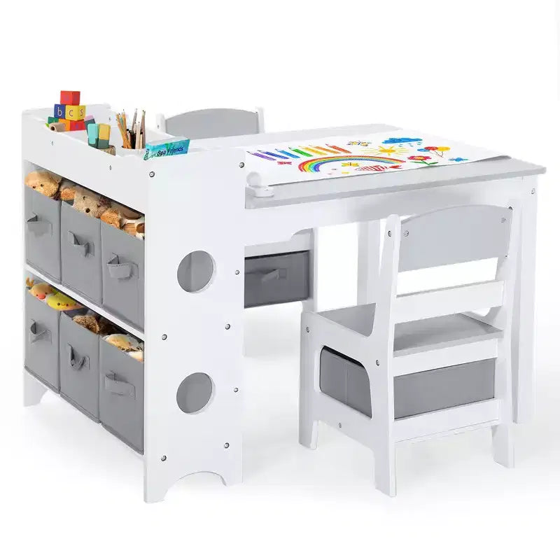 Gris / Naturel, Ensemble Table d'activité rectangulaire et 2 chaises, pour 2 enfants
