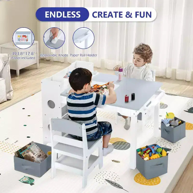 Gris / Naturel, Ensemble Table d'activité rectangulaire et 2 chaises, pour 2 enfants