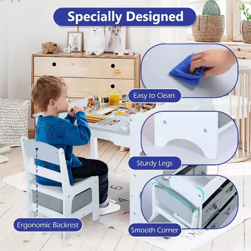 Gris / Naturel, Ensemble Table d'activité rectangulaire et 2 chaises, pour 2 enfants