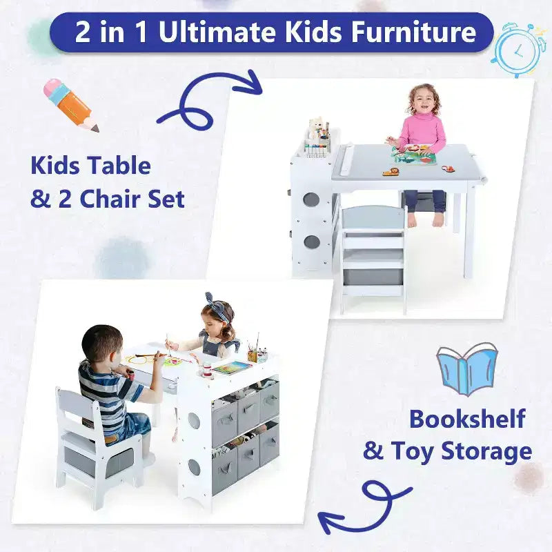 Gris / Naturel, Ensemble Table d'activité rectangulaire et 2 chaises, pour 2 enfants