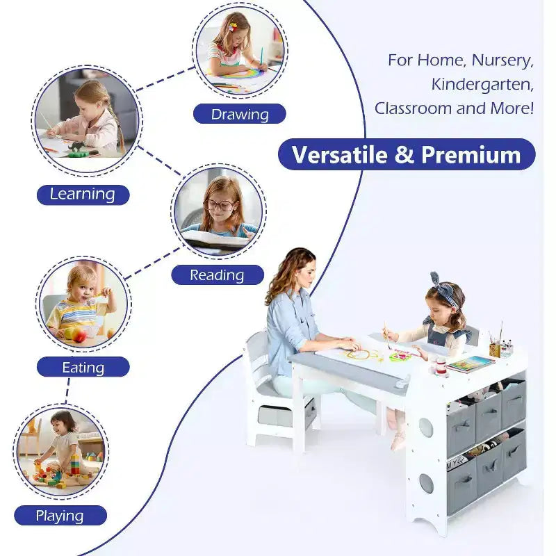 Gris / Naturel, Ensemble Table d'activité rectangulaire et 2 chaises, pour 2 enfants