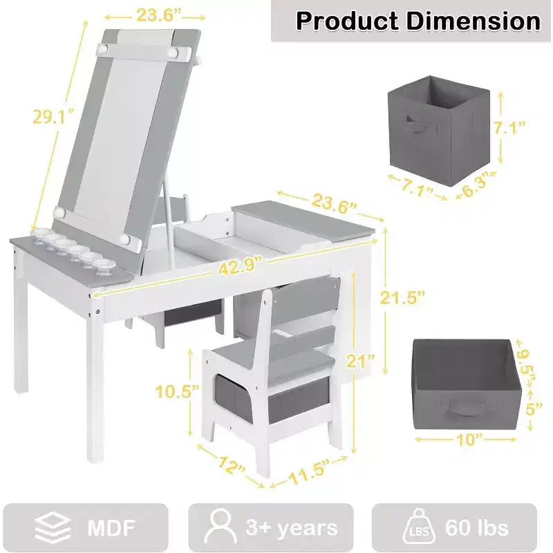 Gris / Naturel, Ensemble Table d'activité rectangulaire et 2 chaises, pour 2 enfants