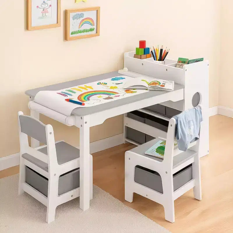 Gris / Naturel, Ensemble Table d'activité rectangulaire et 2 chaises, pour 2 enfants