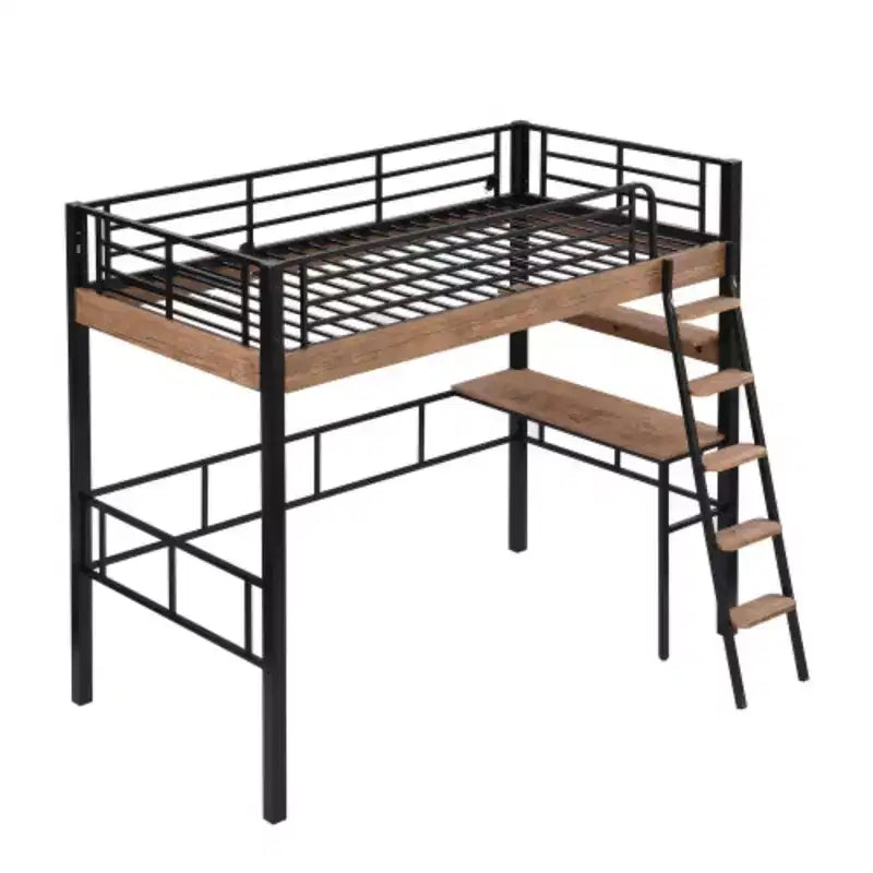 Lit mezzanine double en métal noir avec bureau et étagères de rangement, 1 personne