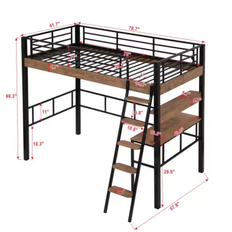 Lit mezzanine double en métal noir avec bureau et étagères de rangement, 1 personne
