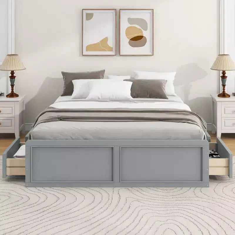 Lit plateforme queen avec 6 tiroirs, expresso/gris/blanc, 1 personne